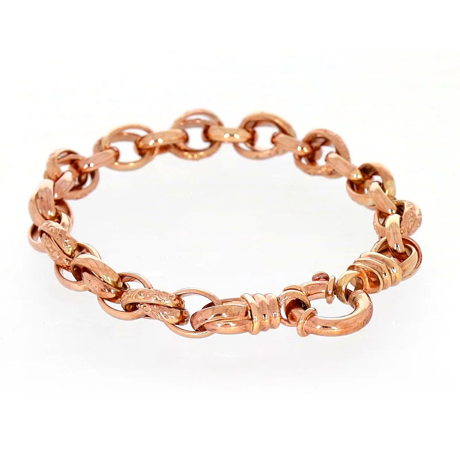 9ct Rose Gold Silver Filled 19cm Belcher Bracelet with Cubic Zirconia & Bolt Ring