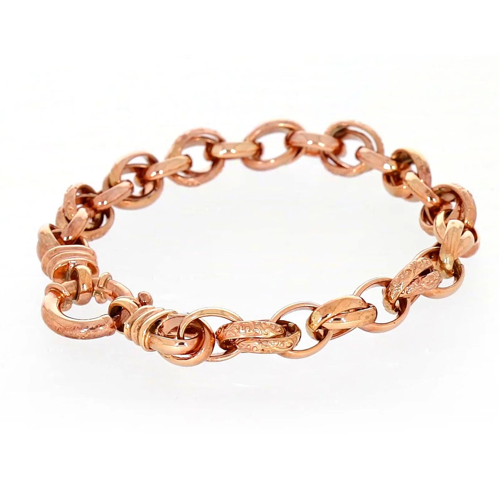 9ct Rose Gold Silver Filled 19cm Belcher Bracelet with Cubic Zirconia & Bolt Ring