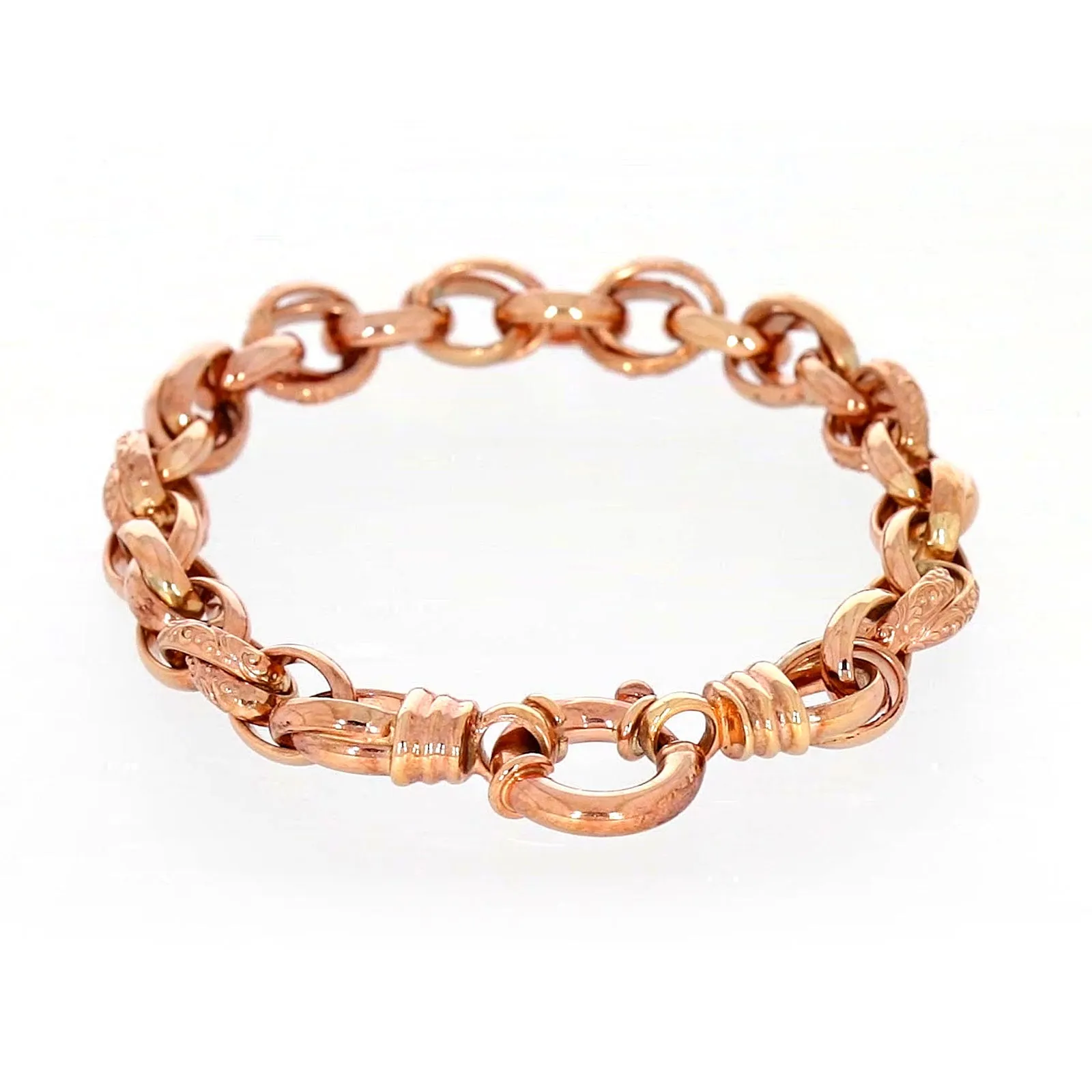 9ct Rose Gold Silver Filled 19cm Belcher Bracelet with Cubic Zirconia & Bolt Ring