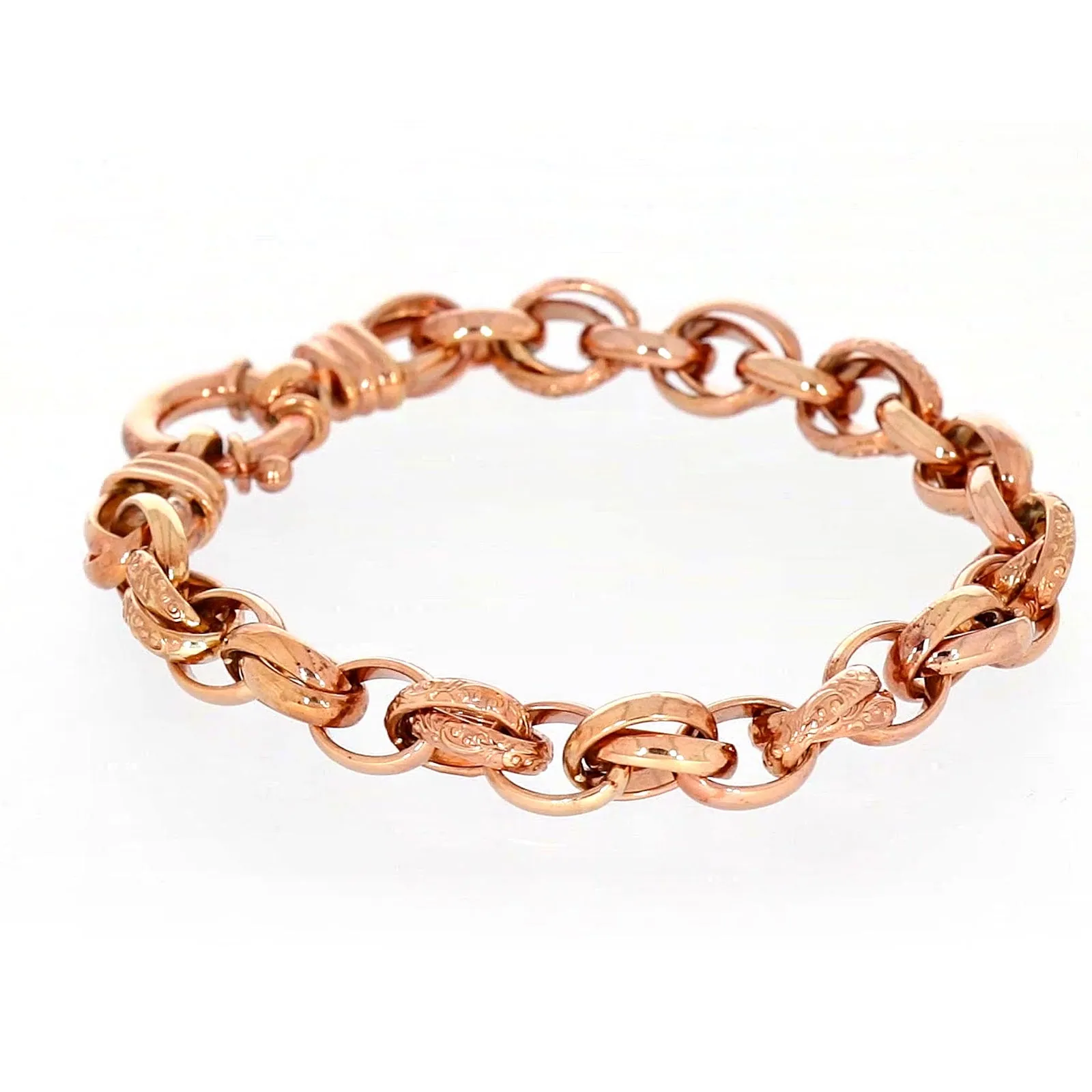 9ct Rose Gold Silver Filled 19cm Belcher Bracelet with Cubic Zirconia & Bolt Ring