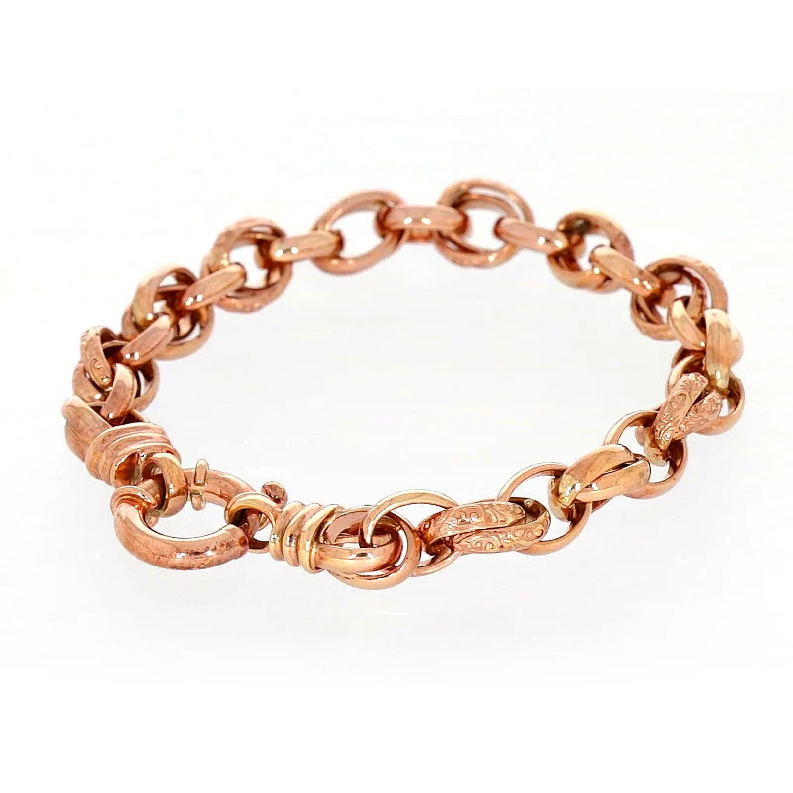 9ct Rose Gold Silver Filled 19cm Belcher Bracelet with Cubic Zirconia & Bolt Ring