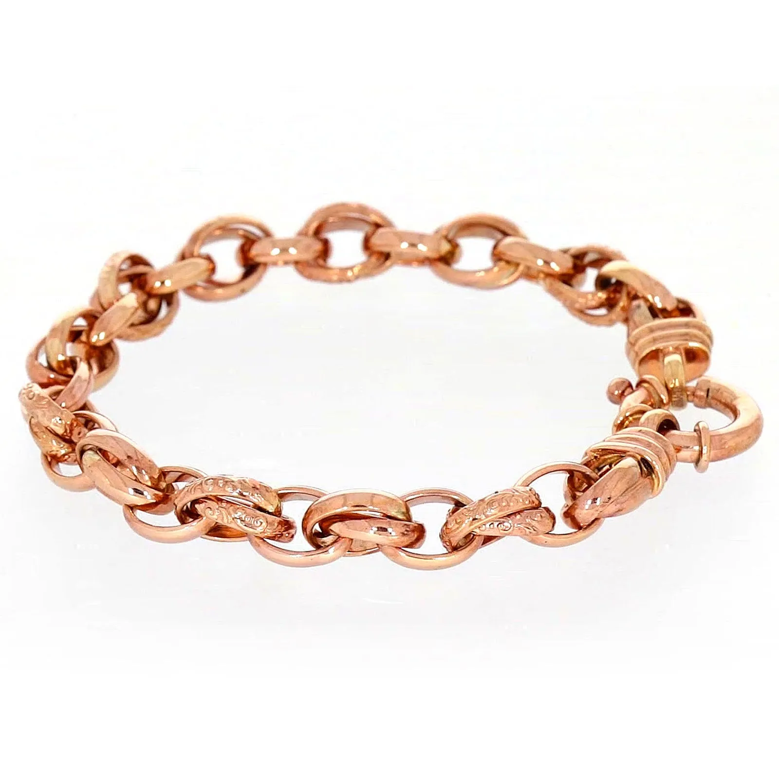 9ct Rose Gold Silver Filled 19cm Belcher Bracelet with Cubic Zirconia & Bolt Ring