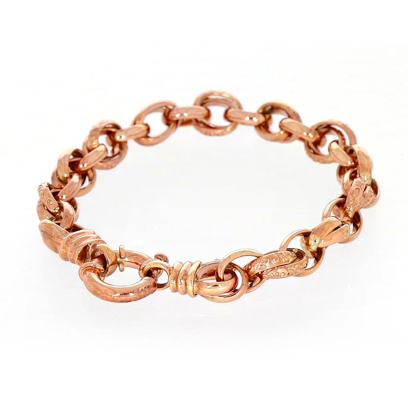 9ct Rose Gold Silver Filled 19cm Belcher Bracelet with Cubic Zirconia & Bolt Ring