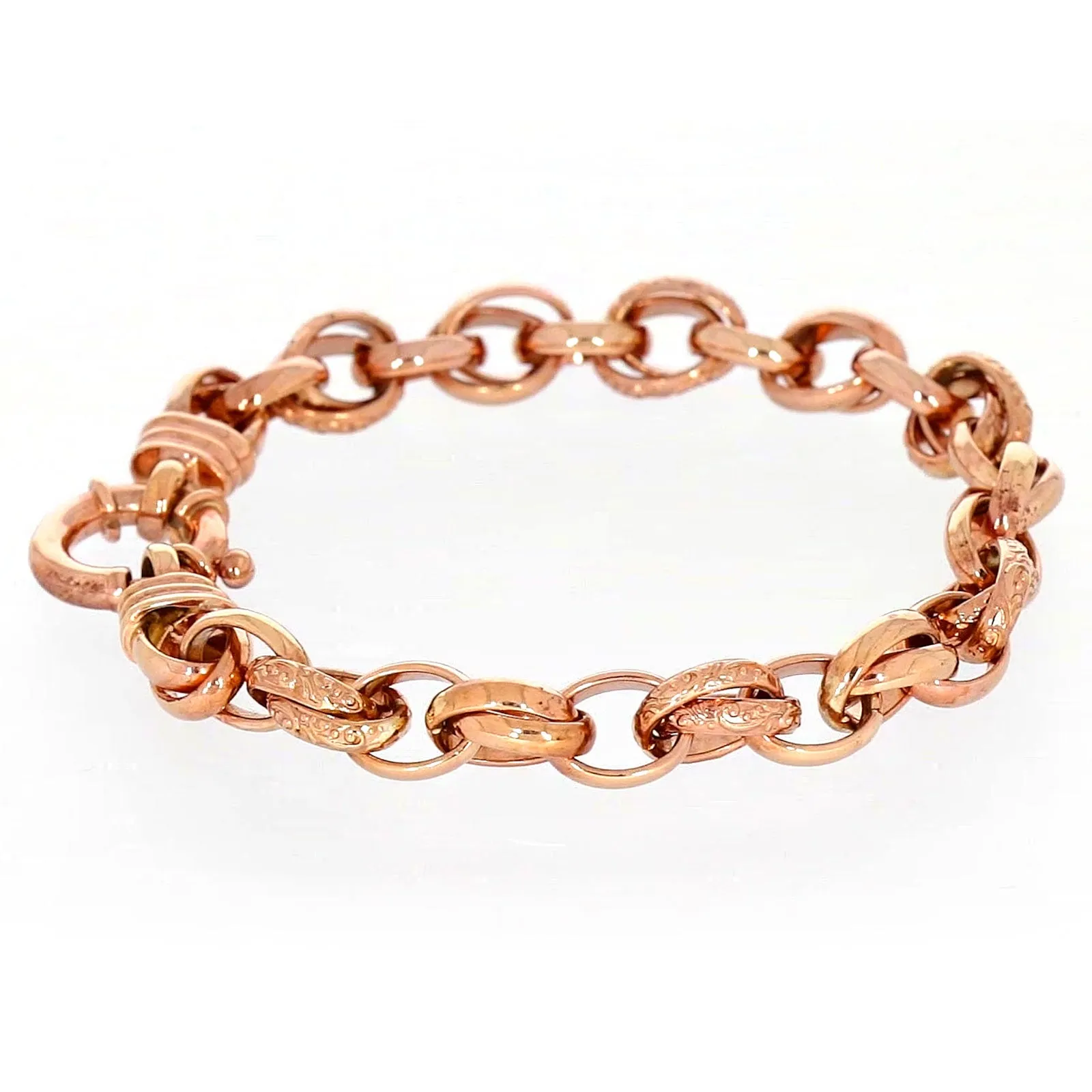 9ct Rose Gold Silver Filled 19cm Belcher Bracelet with Cubic Zirconia & Bolt Ring