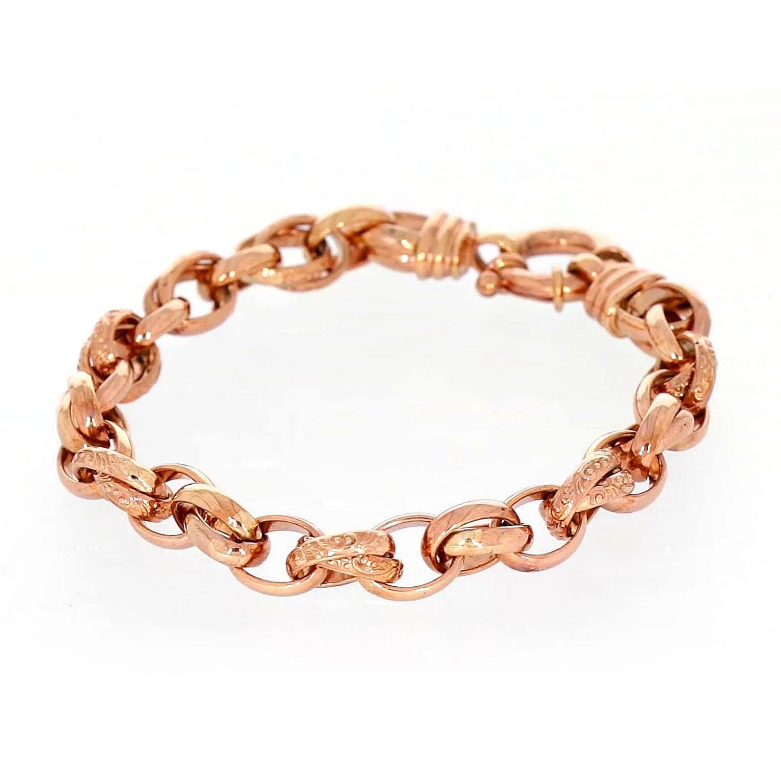9ct Rose Gold Silver Filled 19cm Belcher Bracelet with Cubic Zirconia & Bolt Ring