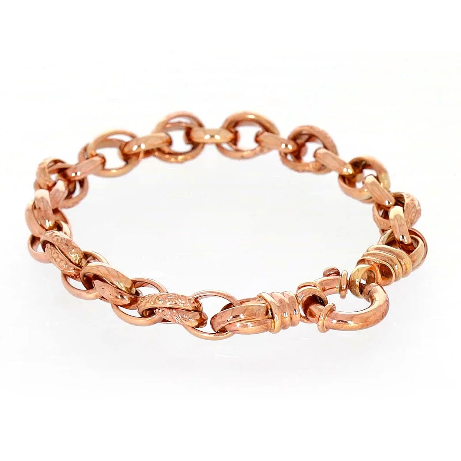 9ct Rose Gold Silver Filled 19cm Belcher Bracelet with Cubic Zirconia & Bolt Ring
