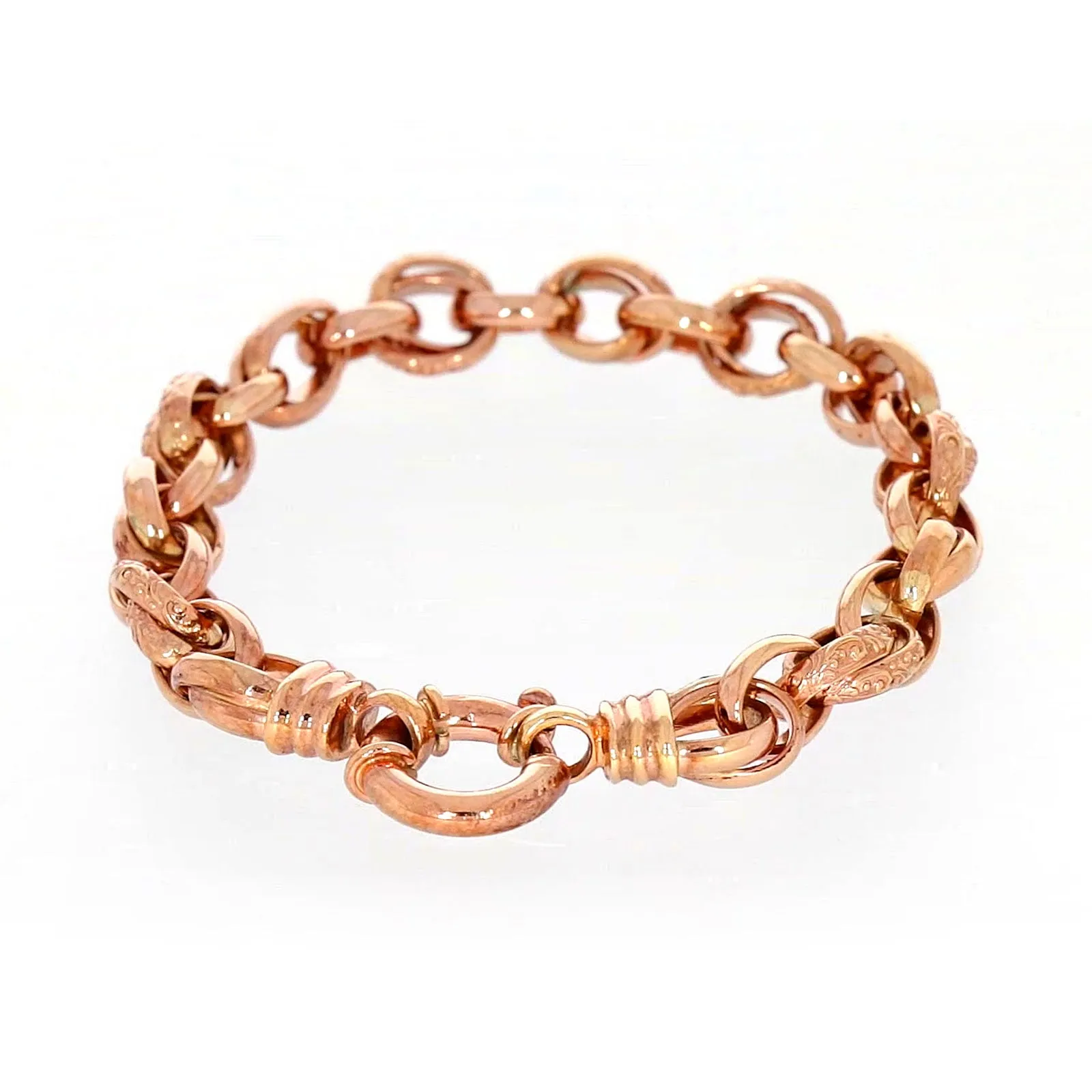 9ct Rose Gold Silver Filled 19cm Belcher Bracelet with Cubic Zirconia & Bolt Ring