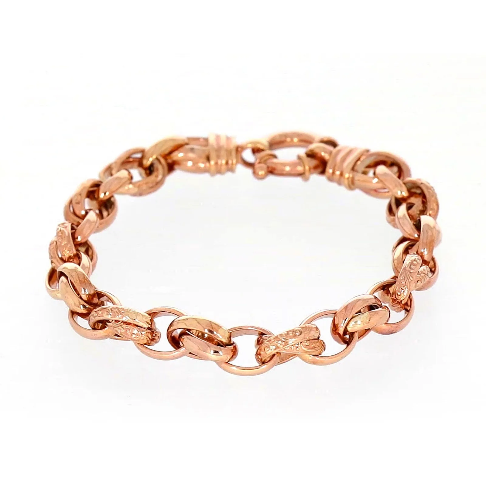 9ct Rose Gold Silver Filled 19cm Belcher Bracelet with Cubic Zirconia & Bolt Ring