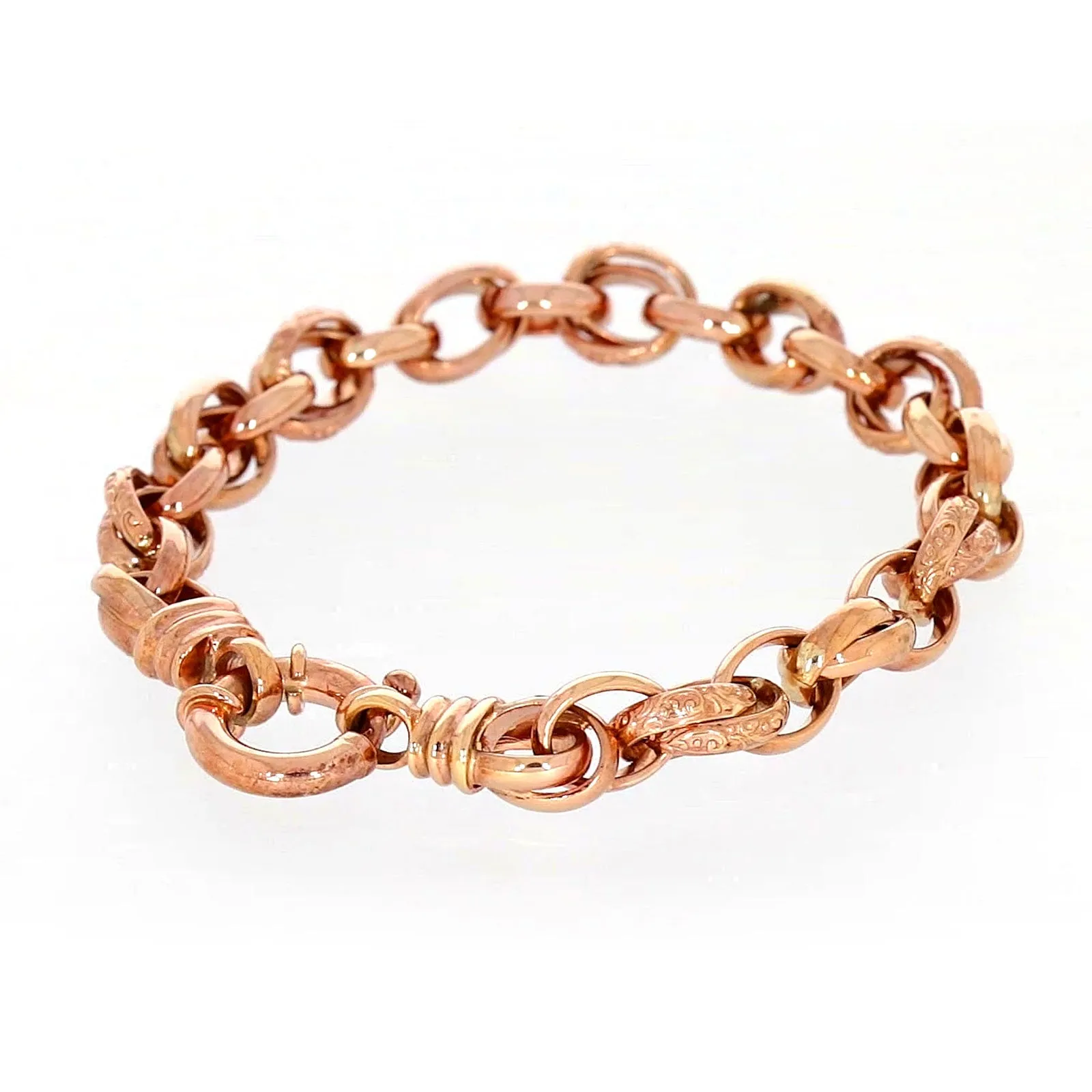 9ct Rose Gold Silver Filled 19cm Belcher Bracelet with Cubic Zirconia & Bolt Ring