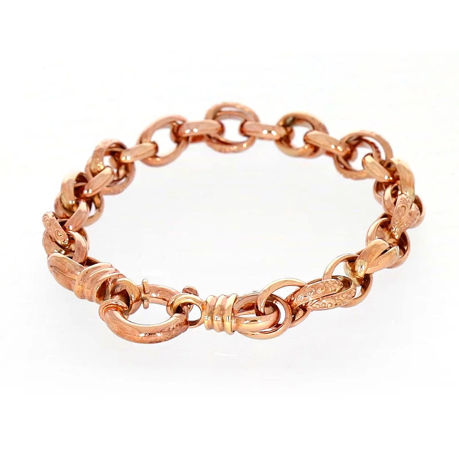 9ct Rose Gold Silver Filled 19cm Belcher Bracelet with Cubic Zirconia & Bolt Ring