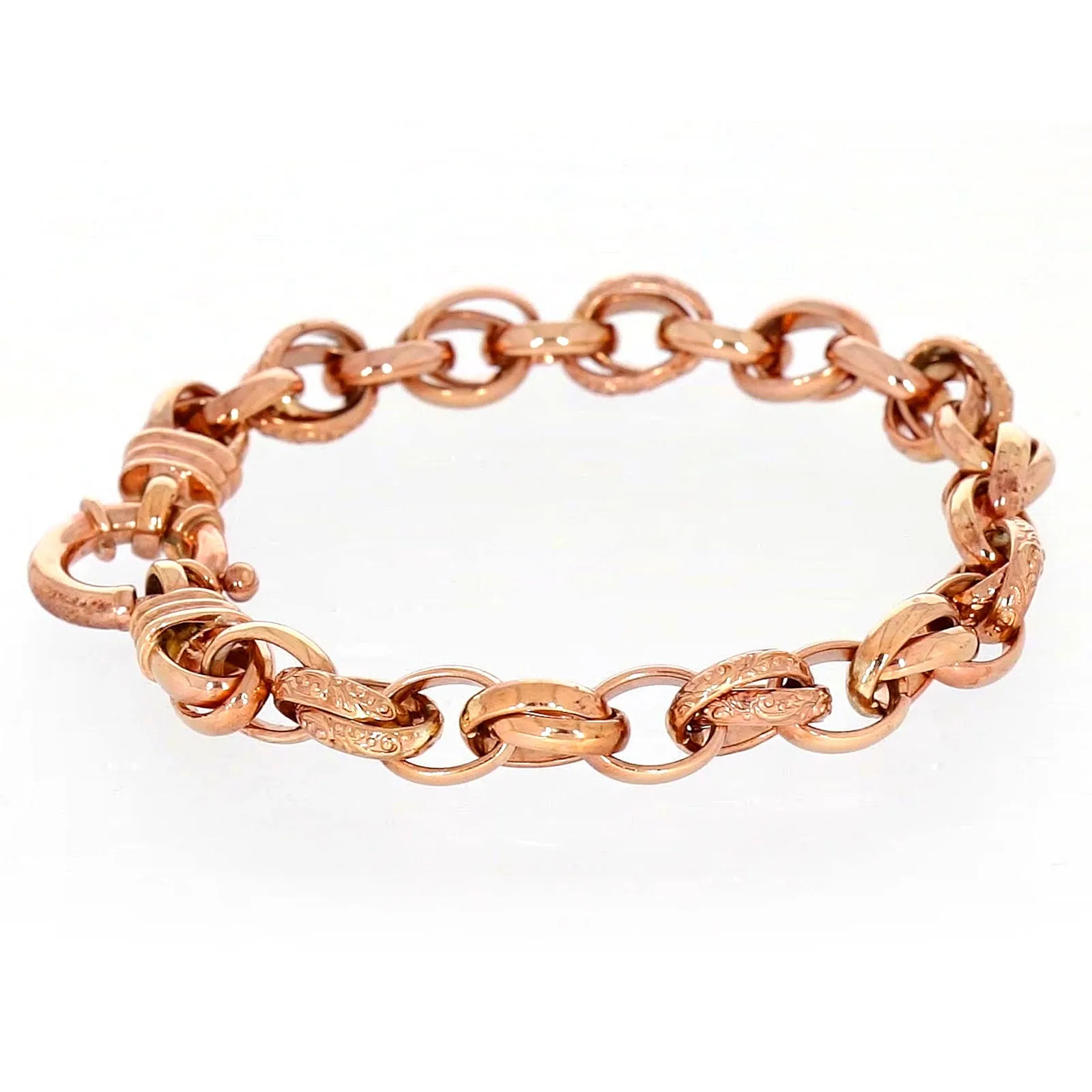 9ct Rose Gold Silver Filled 19cm Belcher Bracelet with Cubic Zirconia & Bolt Ring