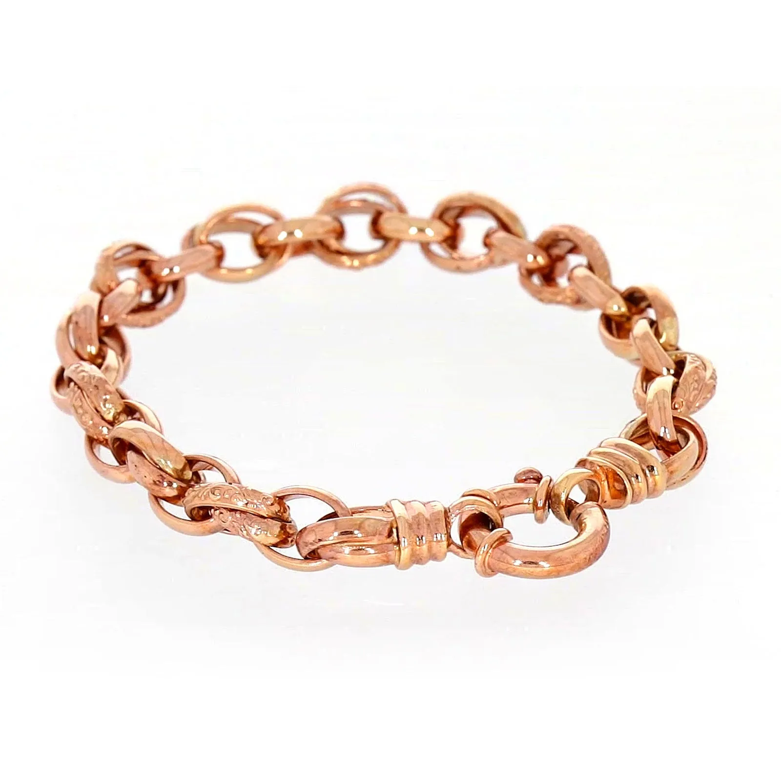9ct Rose Gold Silver Filled 19cm Belcher Bracelet with Cubic Zirconia & Bolt Ring
