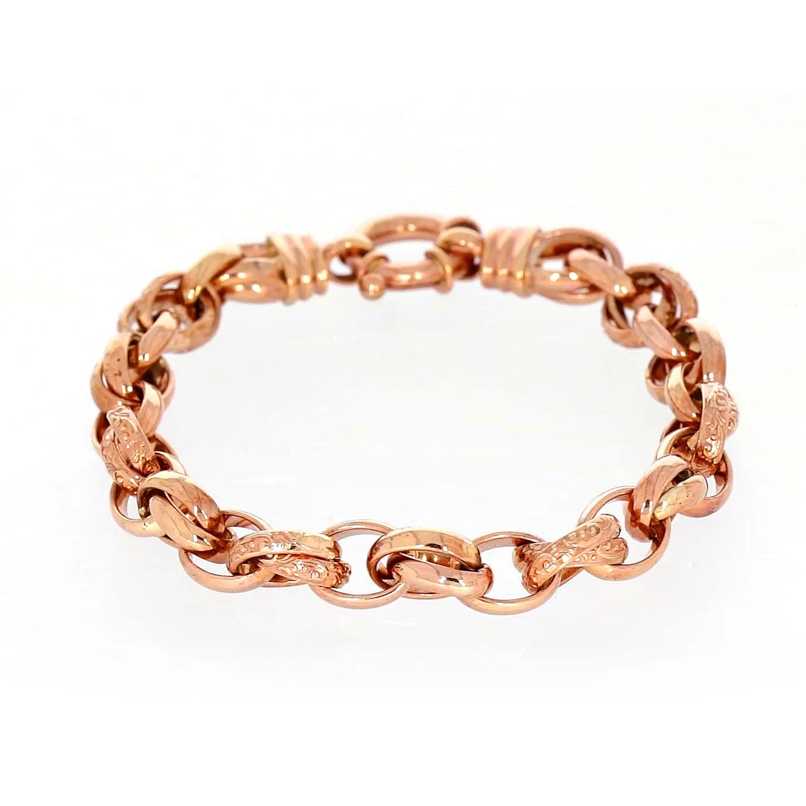 9ct Rose Gold Silver Filled 19cm Belcher Bracelet with Cubic Zirconia & Bolt Ring