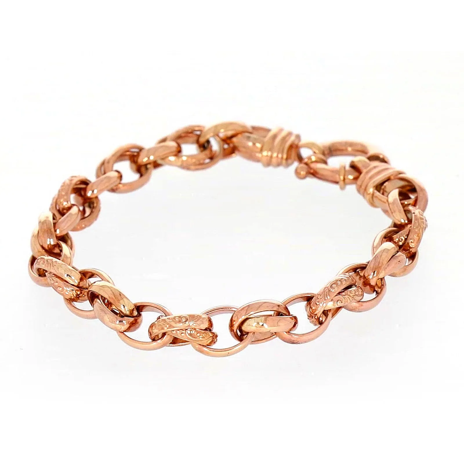 9ct Rose Gold Silver Filled 19cm Belcher Bracelet with Cubic Zirconia & Bolt Ring