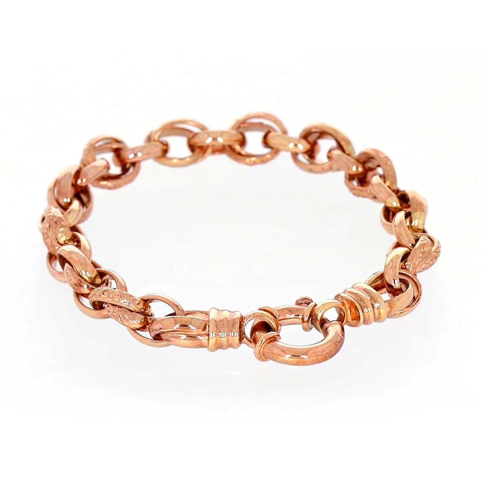 9ct Rose Gold Silver Filled 19cm Belcher Bracelet with Cubic Zirconia & Bolt Ring