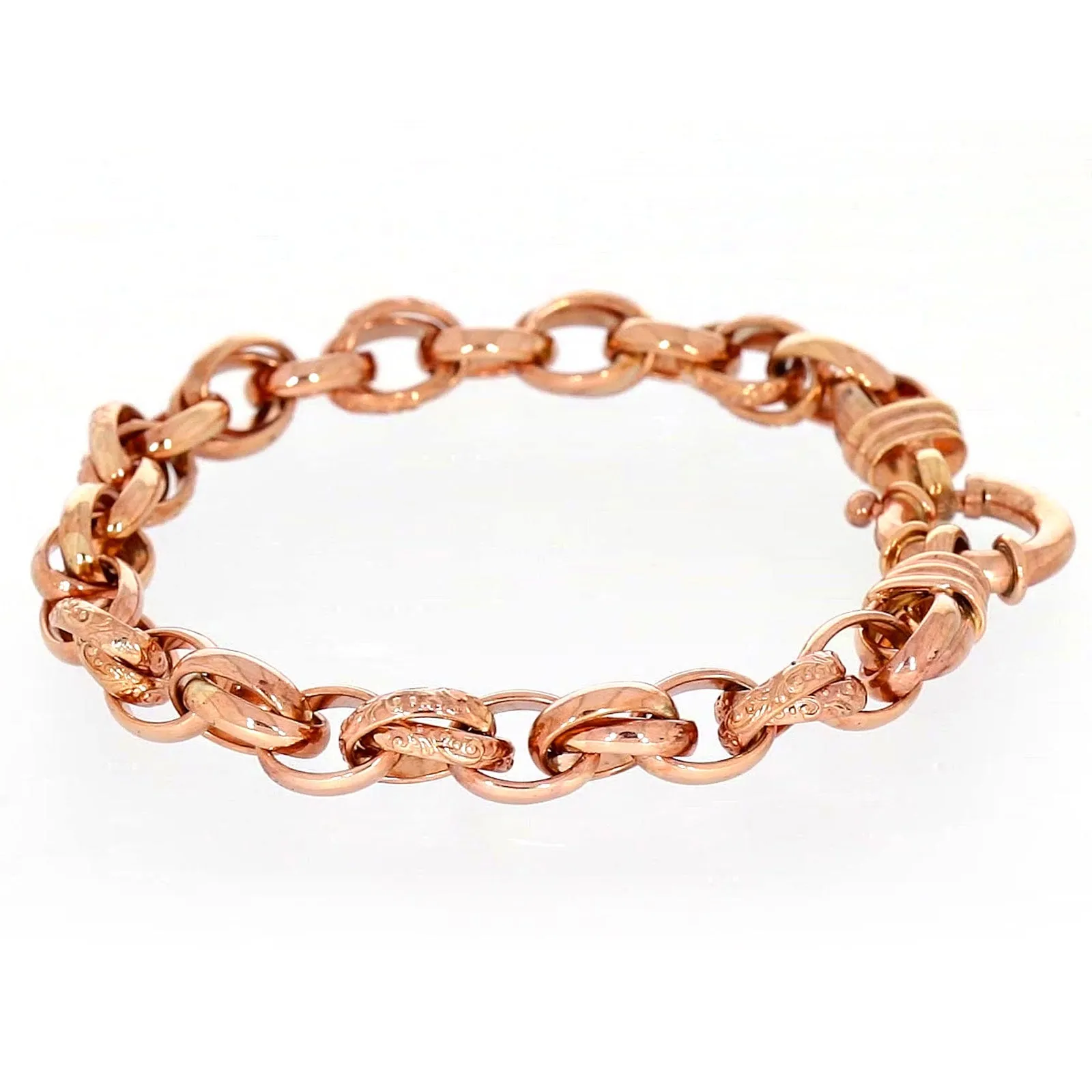 9ct Rose Gold Silver Filled 19cm Belcher Bracelet with Cubic Zirconia & Bolt Ring