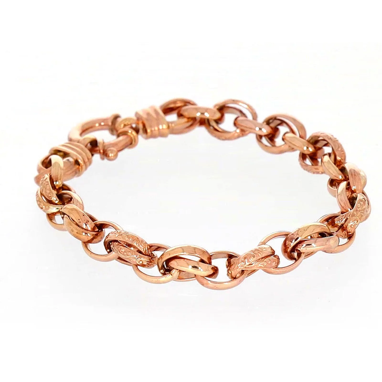 9ct Rose Gold Silver Filled 19cm Belcher Bracelet with Cubic Zirconia & Bolt Ring