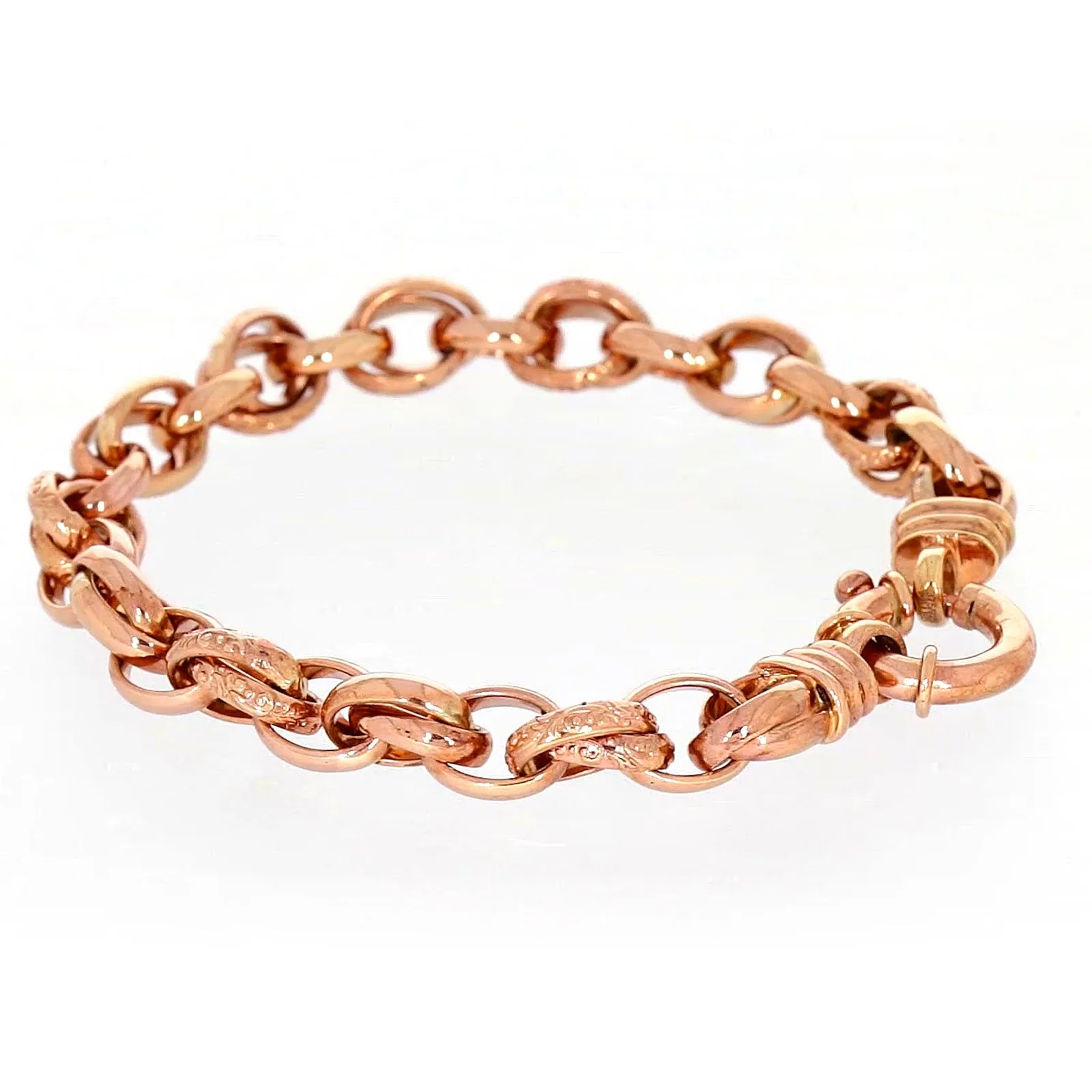 9ct Rose Gold Silver Filled 19cm Belcher Bracelet with Cubic Zirconia & Bolt Ring