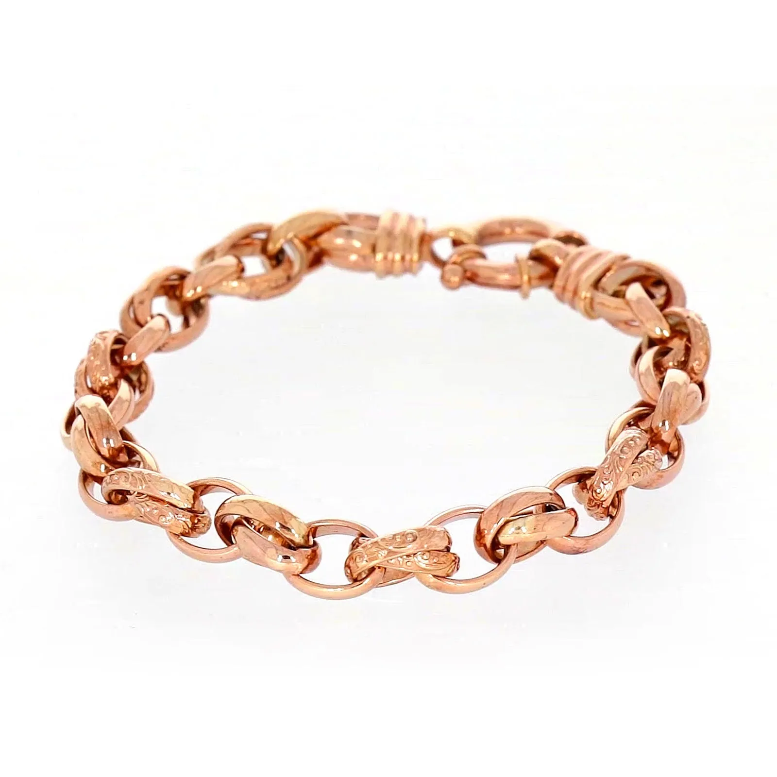 9ct Rose Gold Silver Filled 19cm Belcher Bracelet with Cubic Zirconia & Bolt Ring