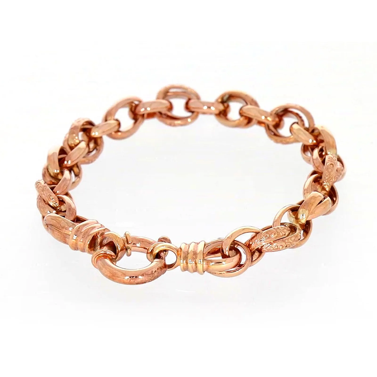 9ct Rose Gold Silver Filled 19cm Belcher Bracelet with Cubic Zirconia & Bolt Ring