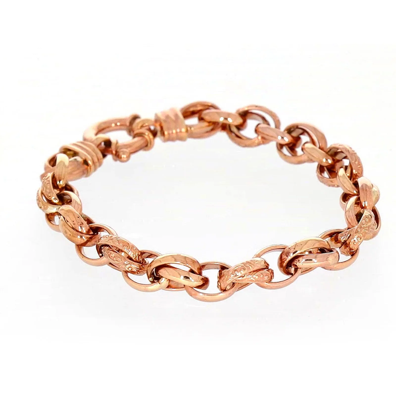 9ct Rose Gold Silver Filled 19cm Belcher Bracelet with Cubic Zirconia & Bolt Ring