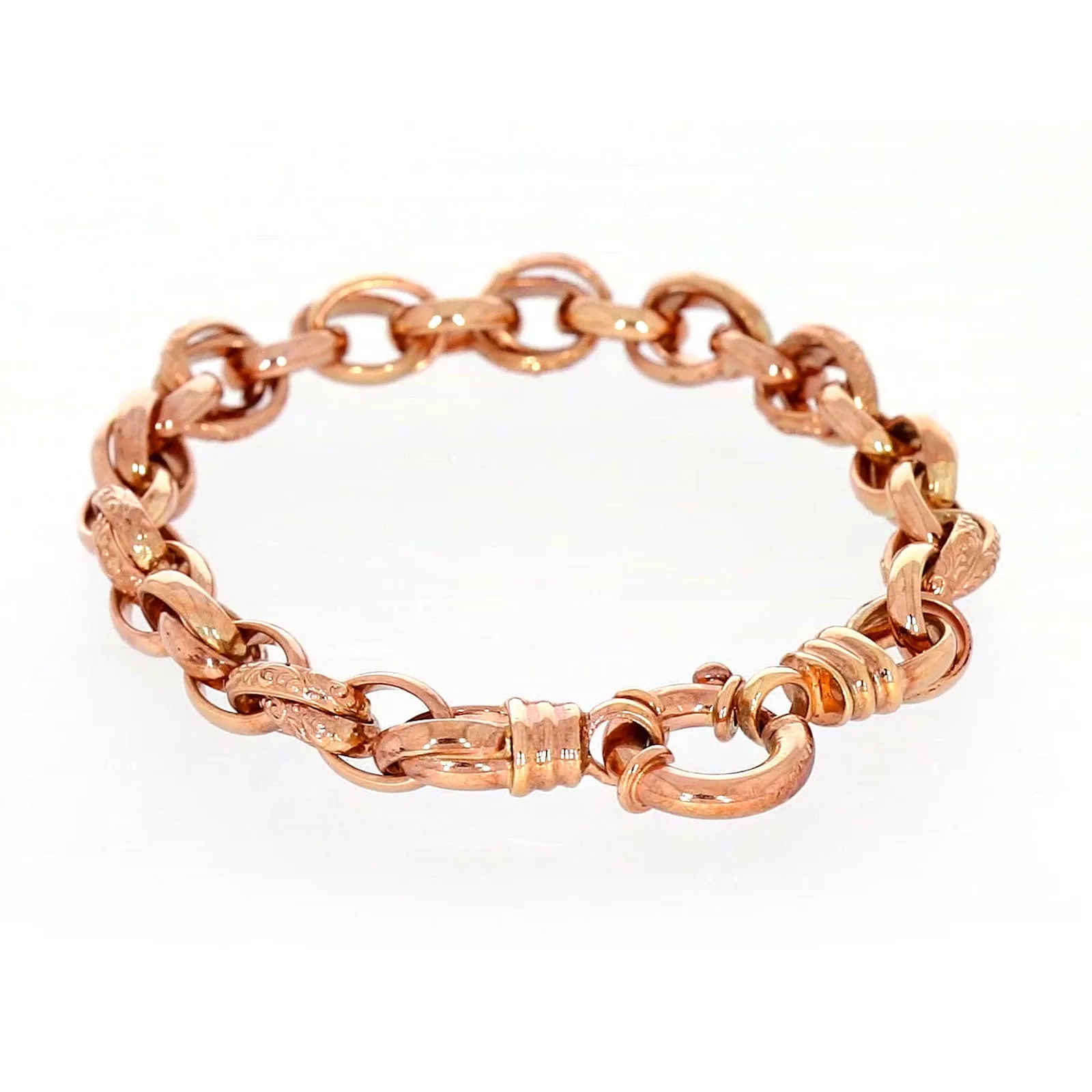 9ct Rose Gold Silver Filled 19cm Belcher Bracelet with Cubic Zirconia & Bolt Ring