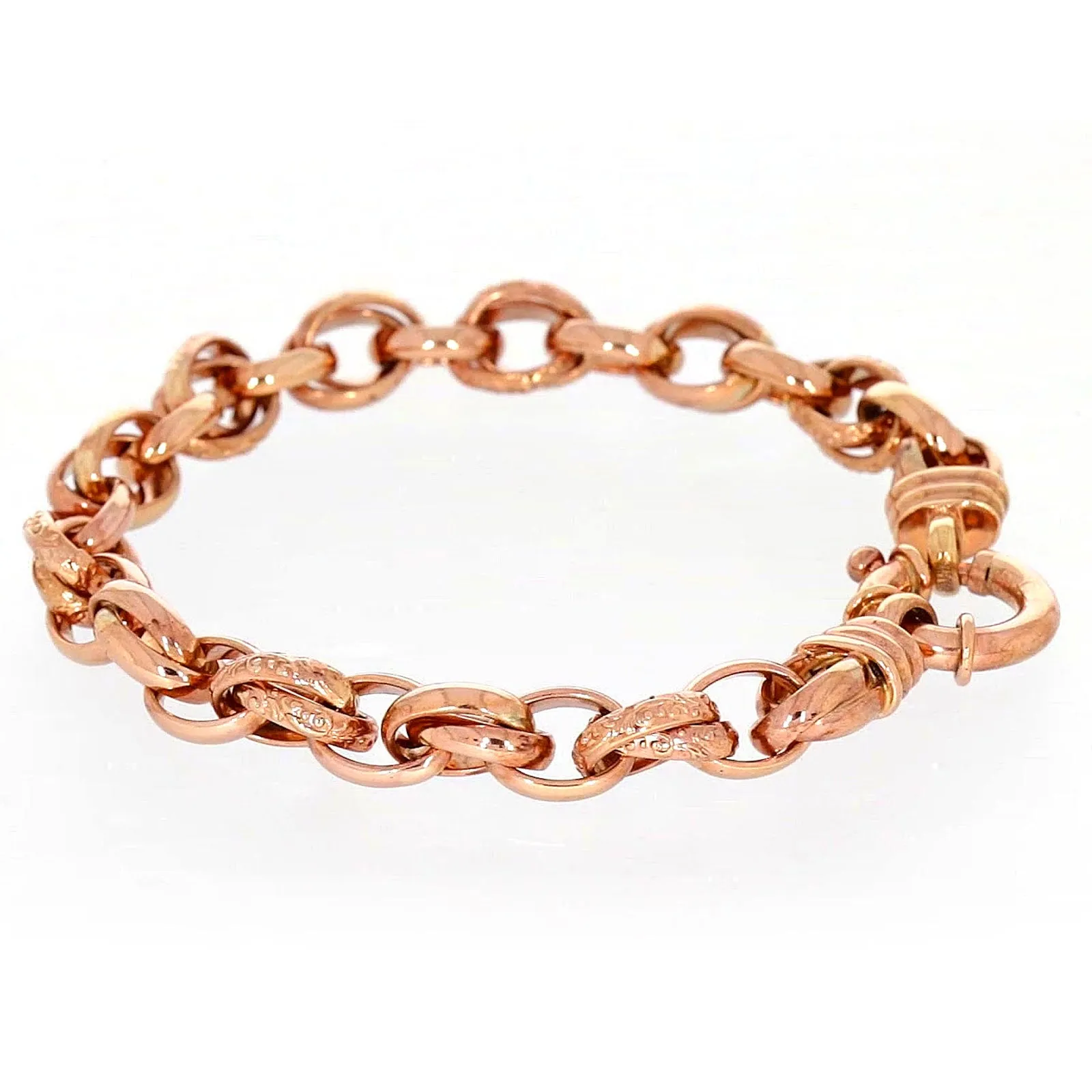 9ct Rose Gold Silver Filled 19cm Belcher Bracelet with Cubic Zirconia & Bolt Ring