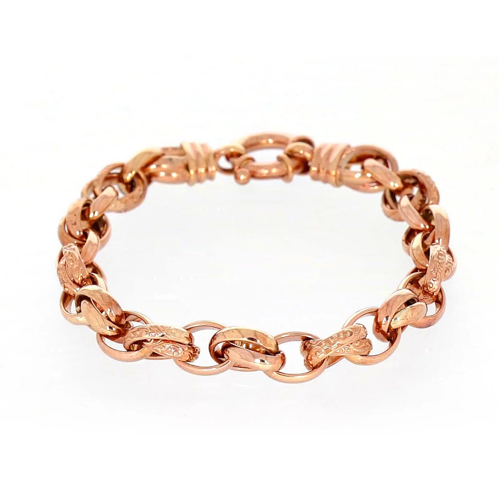 9ct Rose Gold Silver Filled 19cm Belcher Bracelet with Cubic Zirconia & Bolt Ring