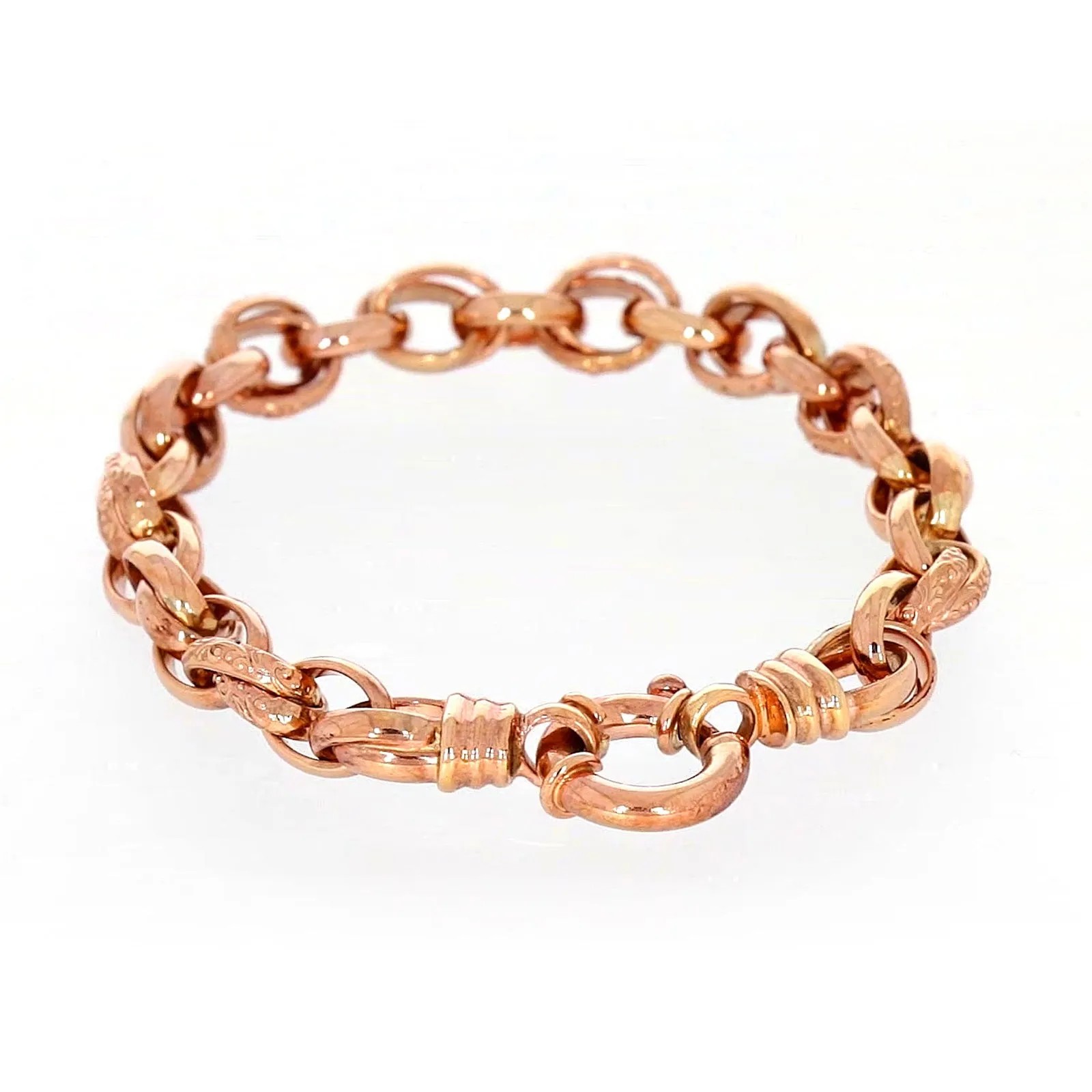 9ct Rose Gold Silver Filled 19cm Belcher Bracelet with Cubic Zirconia & Bolt Ring