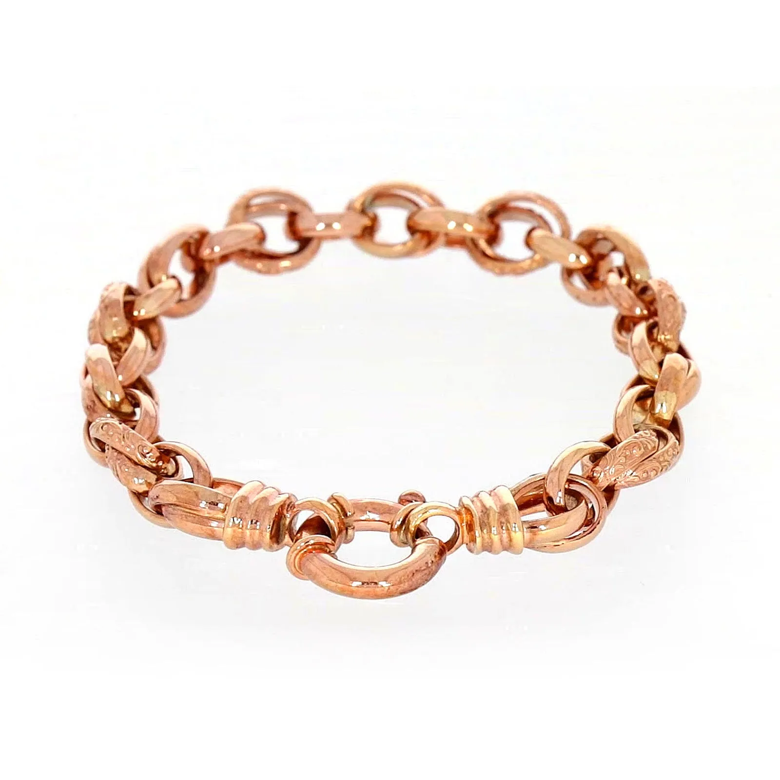 9ct Rose Gold Silver Filled 19cm Belcher Bracelet with Cubic Zirconia & Bolt Ring