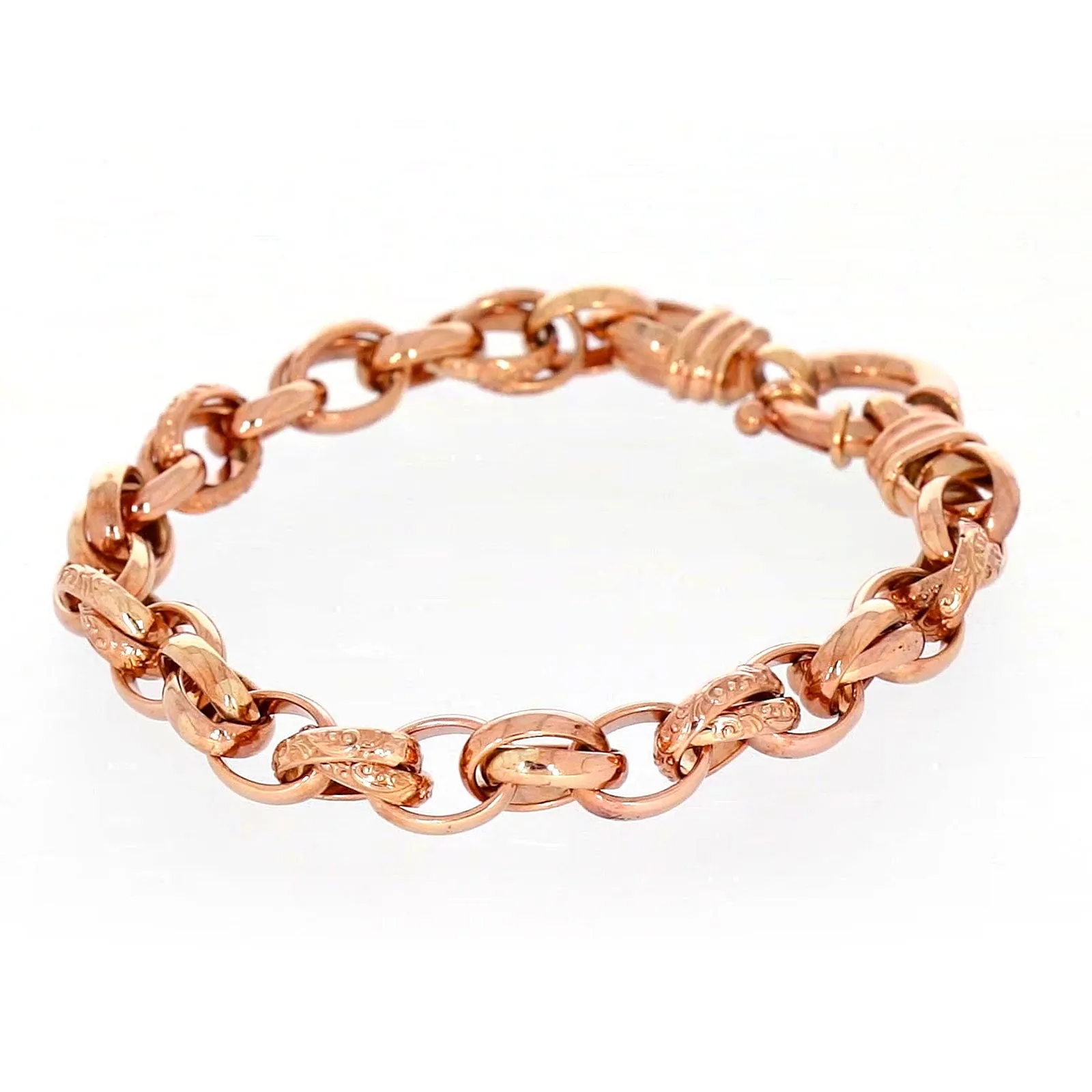 9ct Rose Gold Silver Filled 19cm Belcher Bracelet with Cubic Zirconia & Bolt Ring