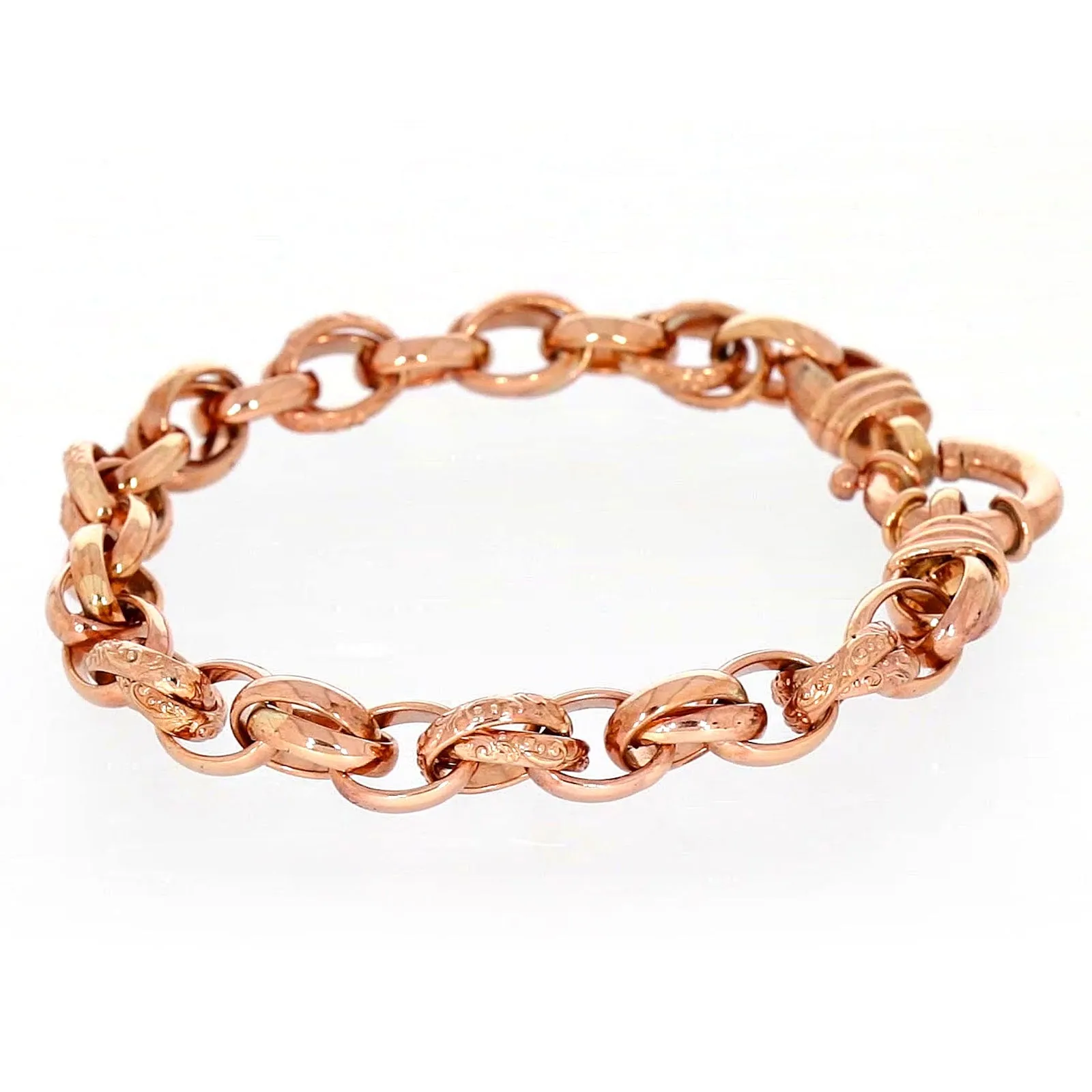 9ct Rose Gold Silver Filled 19cm Belcher Bracelet with Cubic Zirconia & Bolt Ring