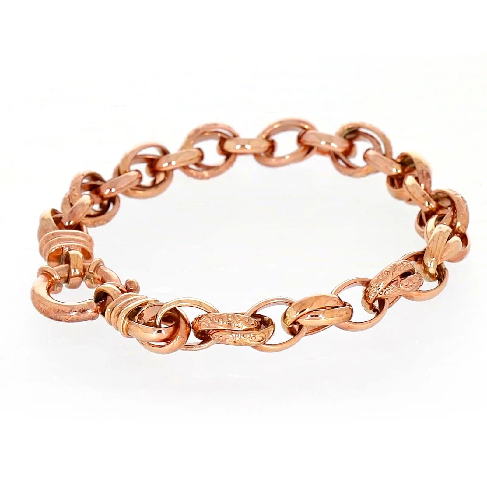9ct Rose Gold Silver Filled 19cm Belcher Bracelet with Cubic Zirconia & Bolt Ring