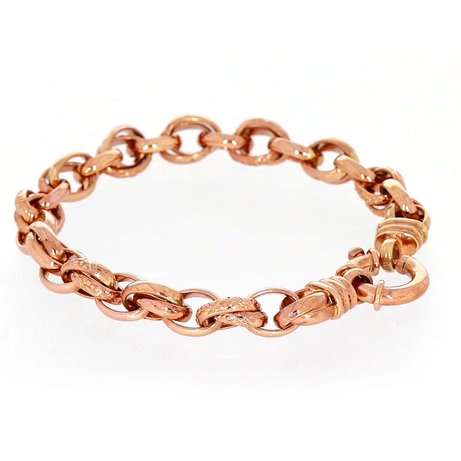 9ct Rose Gold Silver Filled 19cm Belcher Bracelet with Cubic Zirconia & Bolt Ring