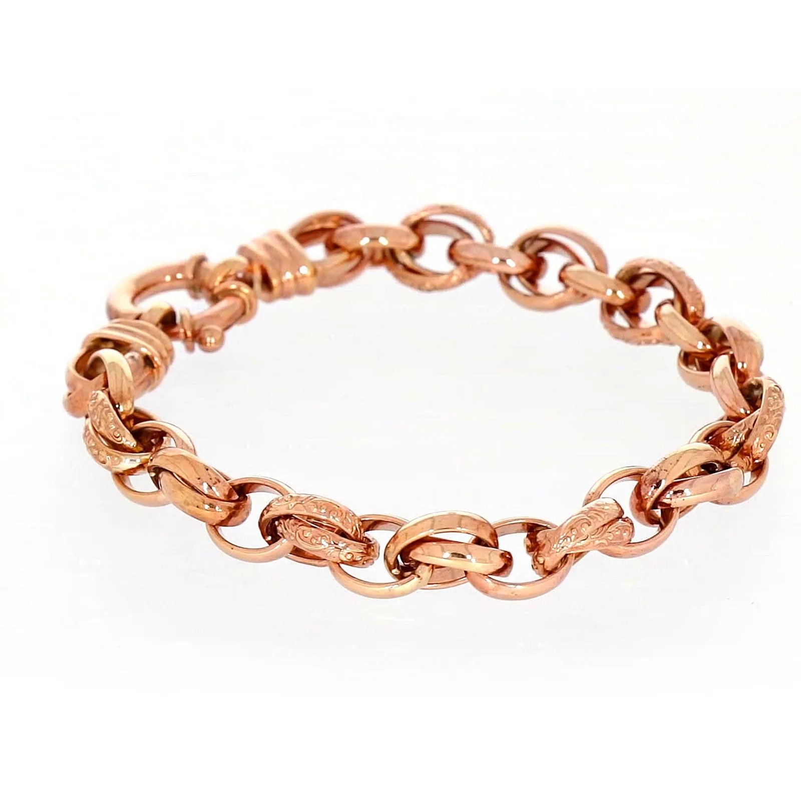 9ct Rose Gold Silver Filled 19cm Belcher Bracelet with Cubic Zirconia & Bolt Ring