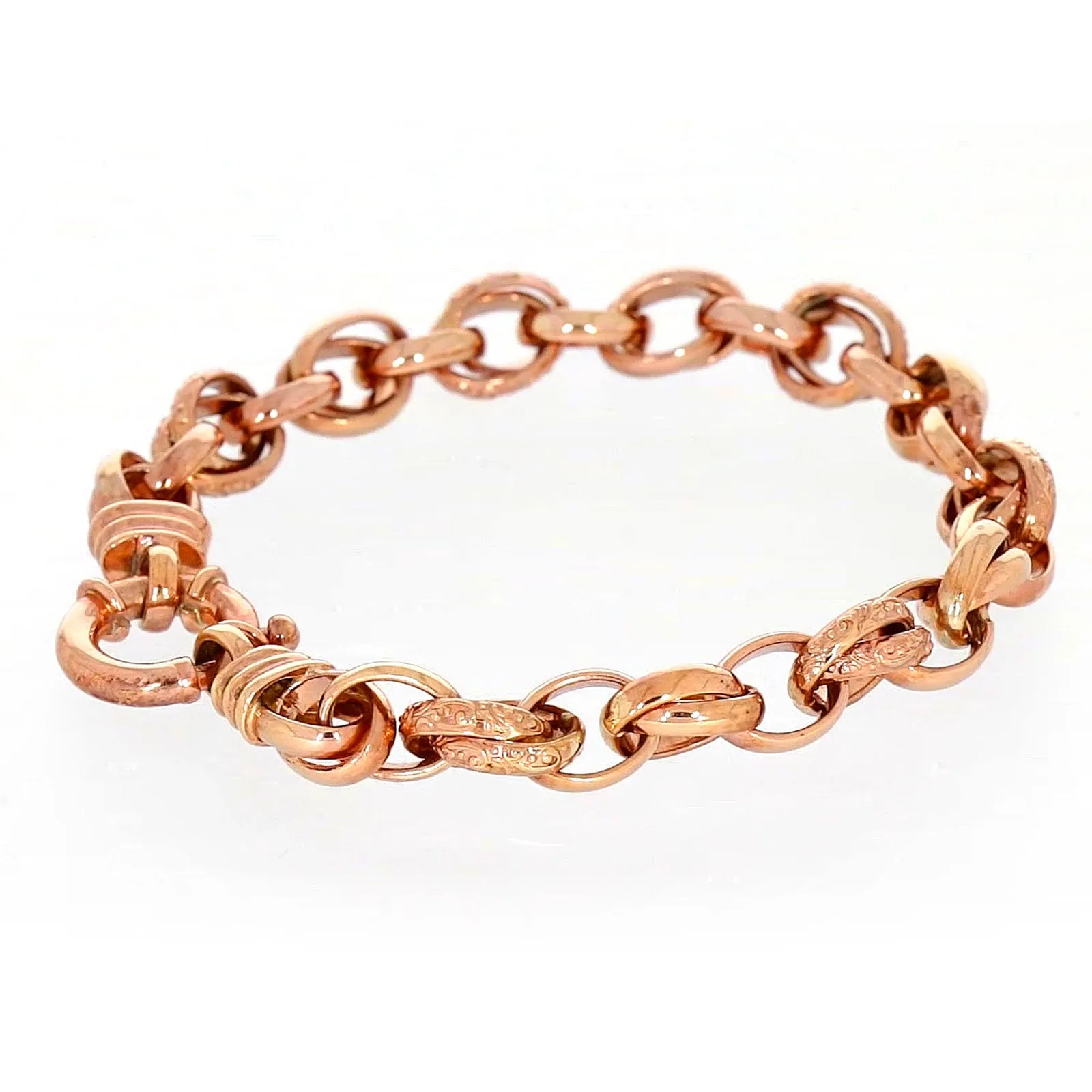 9ct Rose Gold Silver Filled 19cm Belcher Bracelet with Cubic Zirconia & Bolt Ring