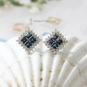9ct White Gold Sapphire & Diamond Square Cluster Earrings