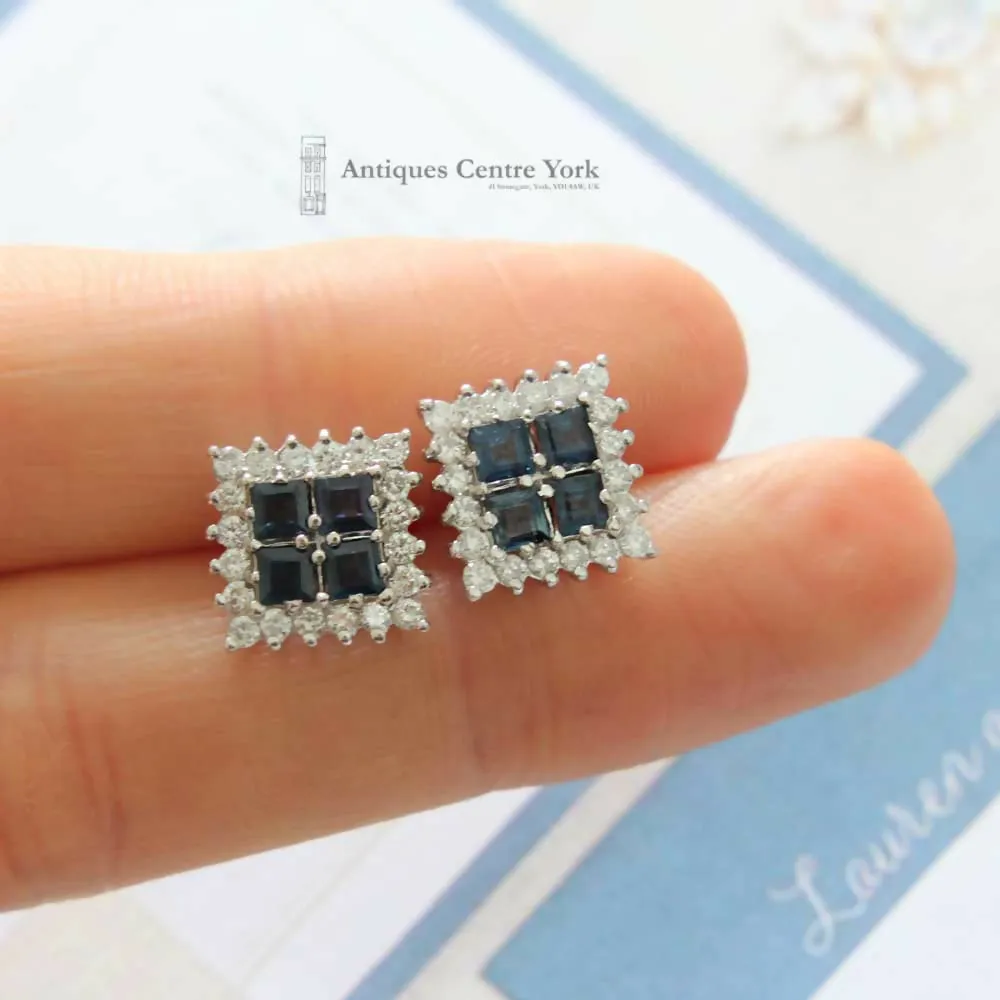 9ct White Gold Sapphire & Diamond Square Cluster Earrings
