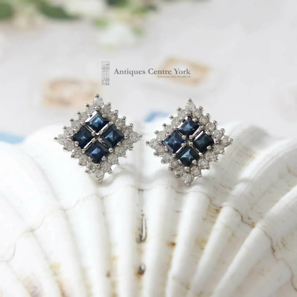 9ct White Gold Sapphire & Diamond Square Cluster Earrings