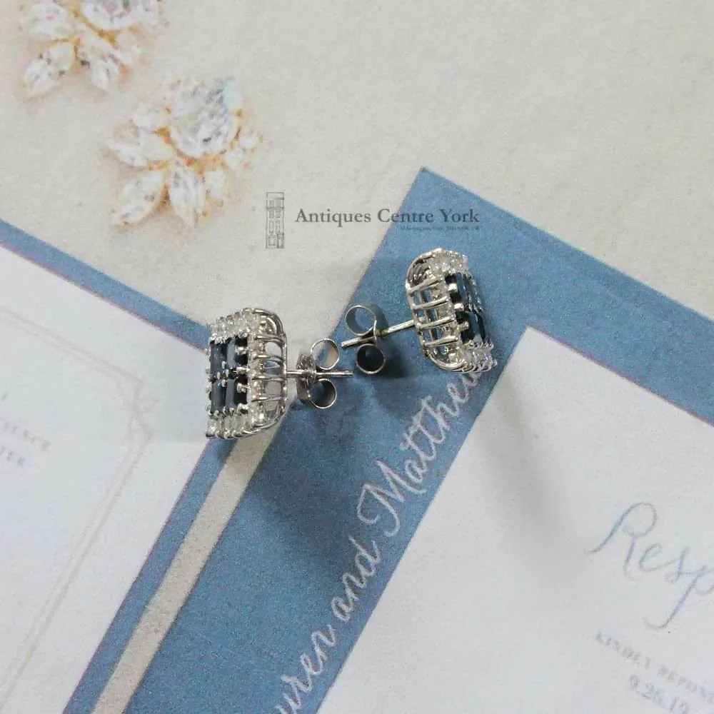 9ct White Gold Sapphire & Diamond Square Cluster Earrings
