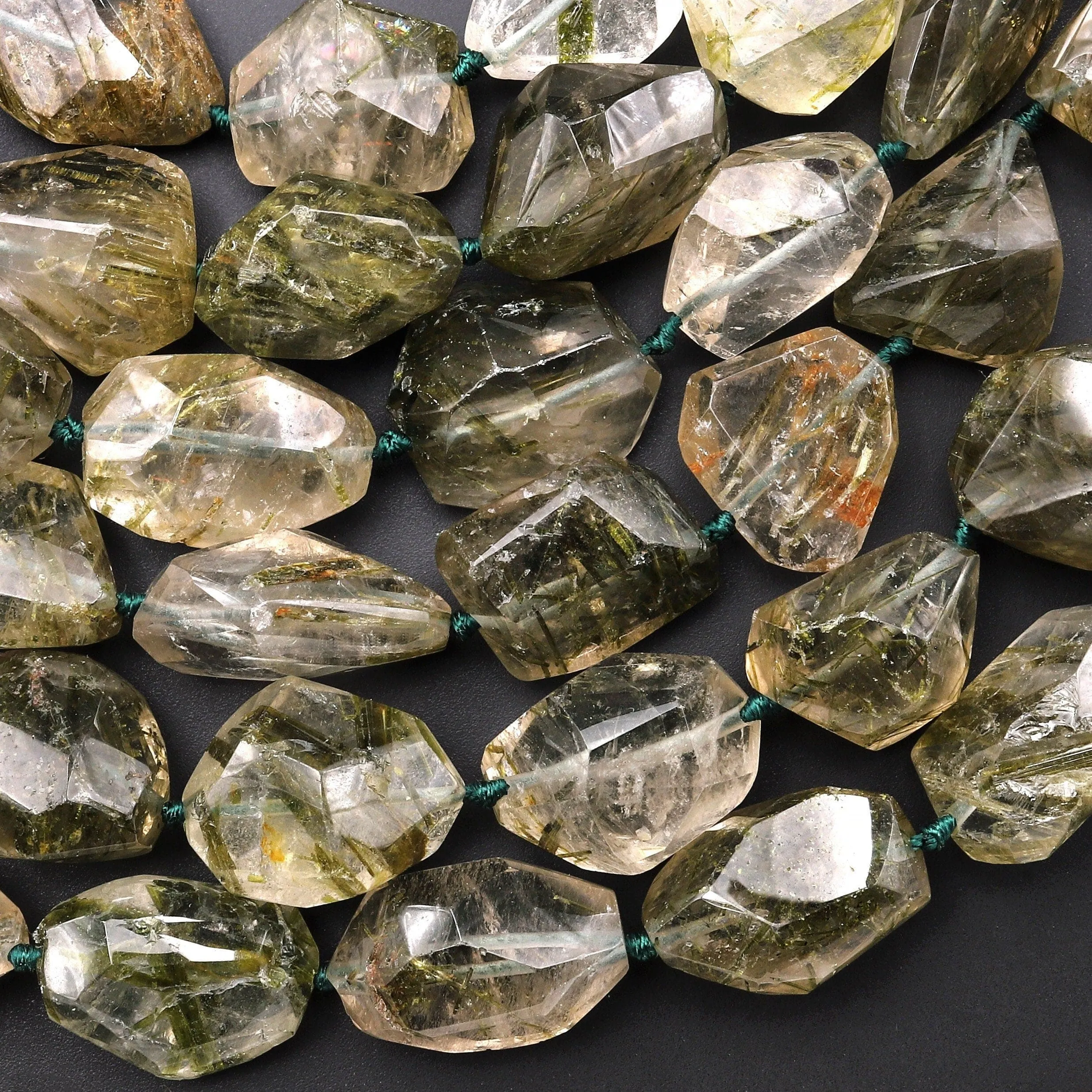 AAA Faceted Natural Green Tourmaline Rutile Quartz  Beads Handcut Nuggets Healing Crystal Gemstone 15.5" Strand