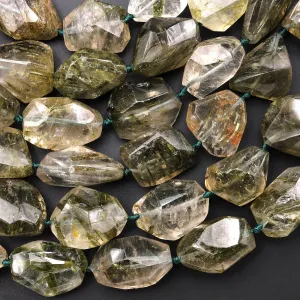 AAA Faceted Natural Green Tourmaline Rutile Quartz  Beads Handcut Nuggets Healing Crystal Gemstone 15.5" Strand