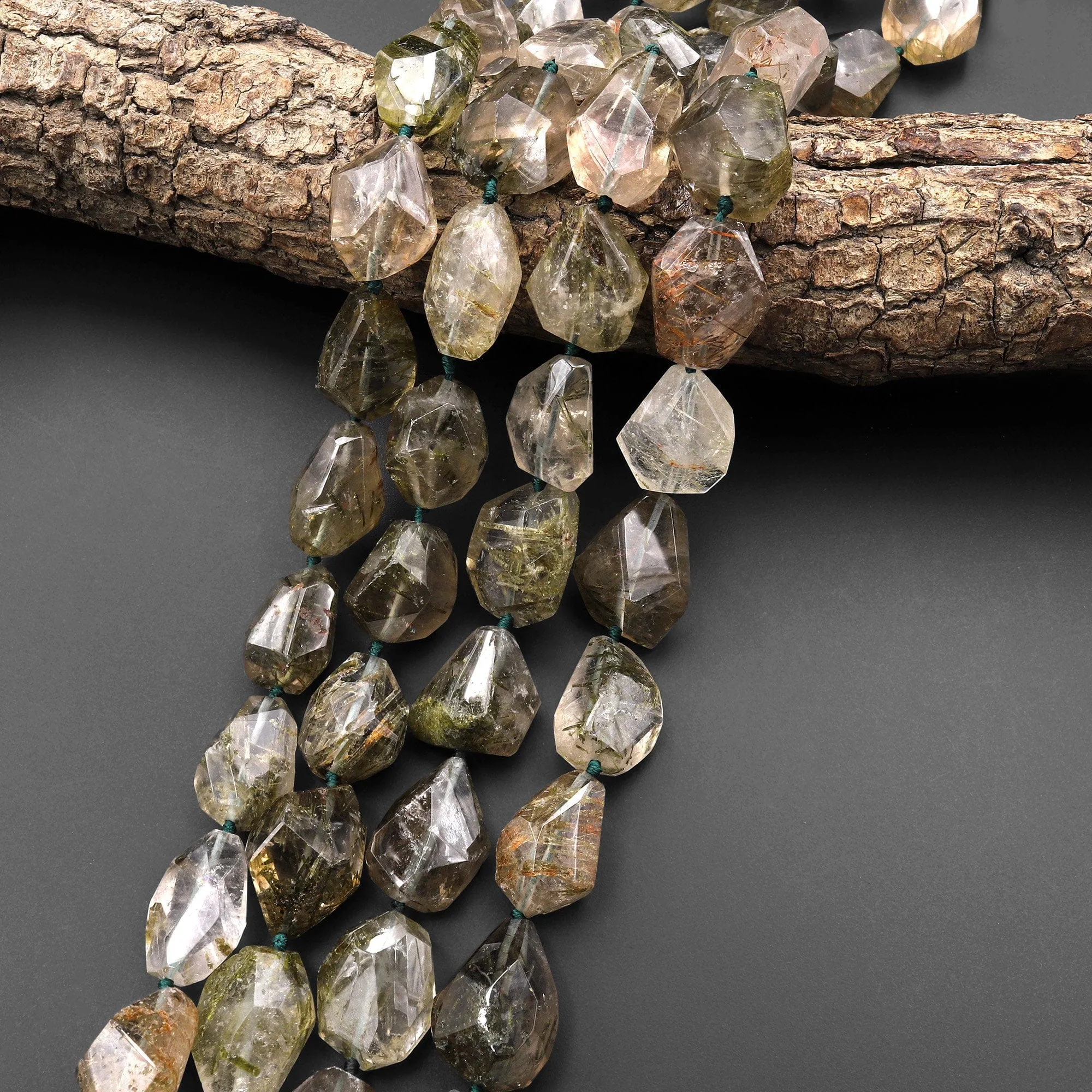 AAA Faceted Natural Green Tourmaline Rutile Quartz  Beads Handcut Nuggets Healing Crystal Gemstone 15.5" Strand