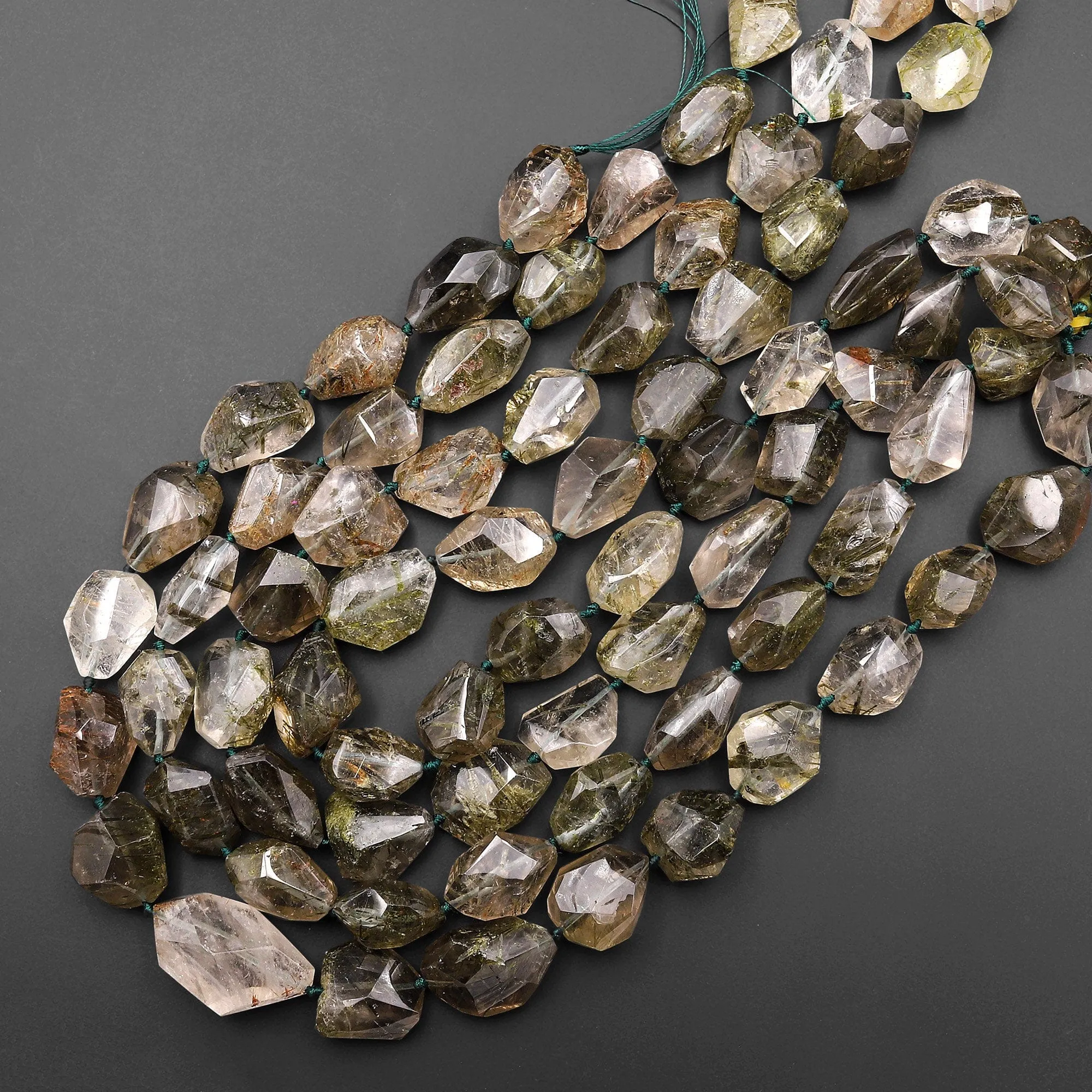 AAA Faceted Natural Green Tourmaline Rutile Quartz  Beads Handcut Nuggets Healing Crystal Gemstone 15.5" Strand