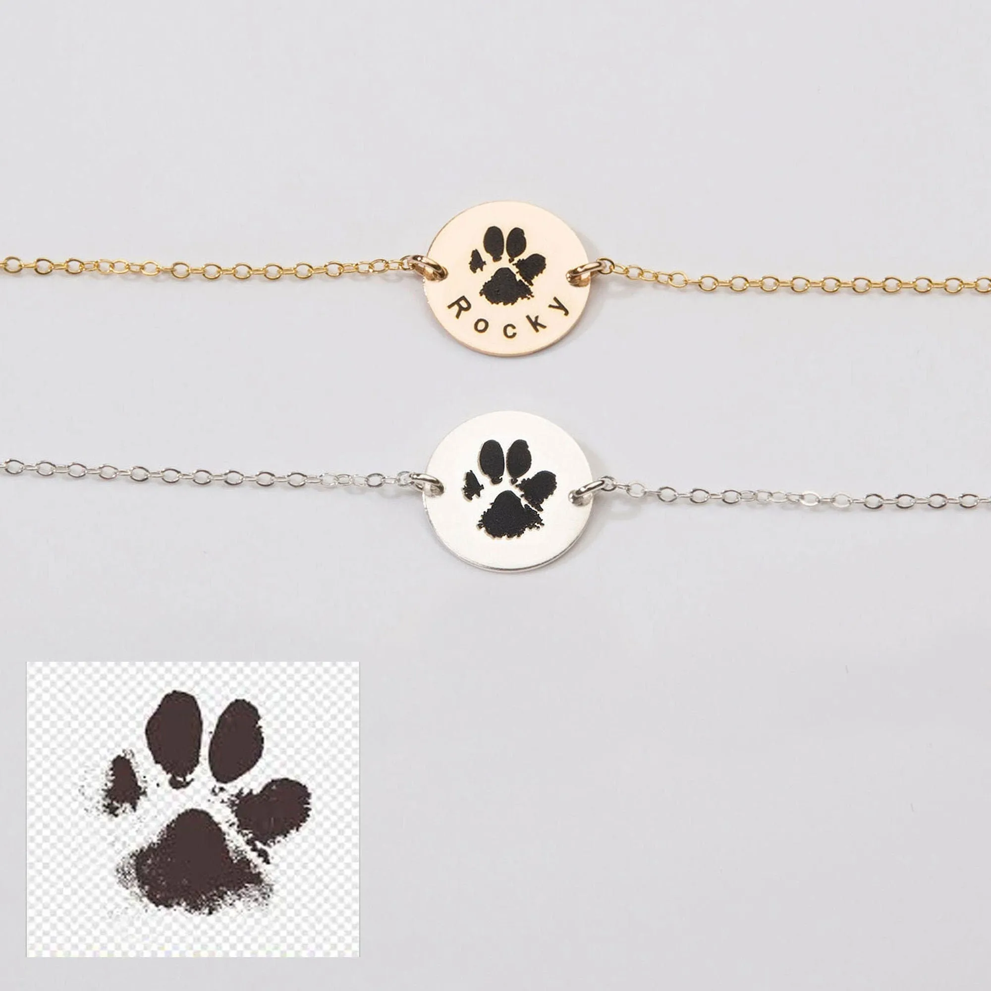 Actual Dog Cat Paw Nose Print Bracelet. (14 karat Solid Gold) - CG410B_58. Starts at