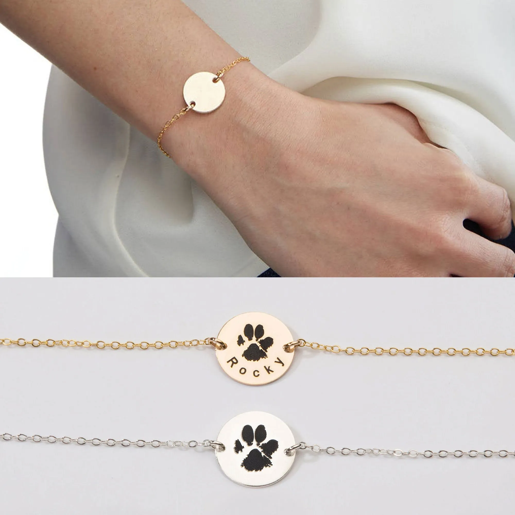 Actual Dog Cat Paw Nose Print Bracelet. (14 karat Solid Gold) - CG410B_58. Starts at