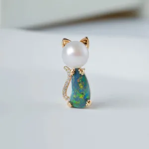 Adorable Paws Kitty Cat Black Opal Diamond & Akoya Pearl Necklace 18K Gold