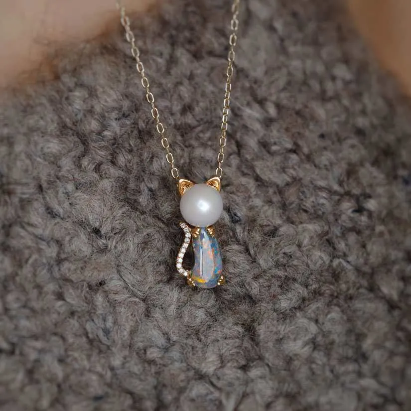 Adorable Paws Kitty Cat Black Opal Diamond & Akoya Pearl Necklace 18K Gold