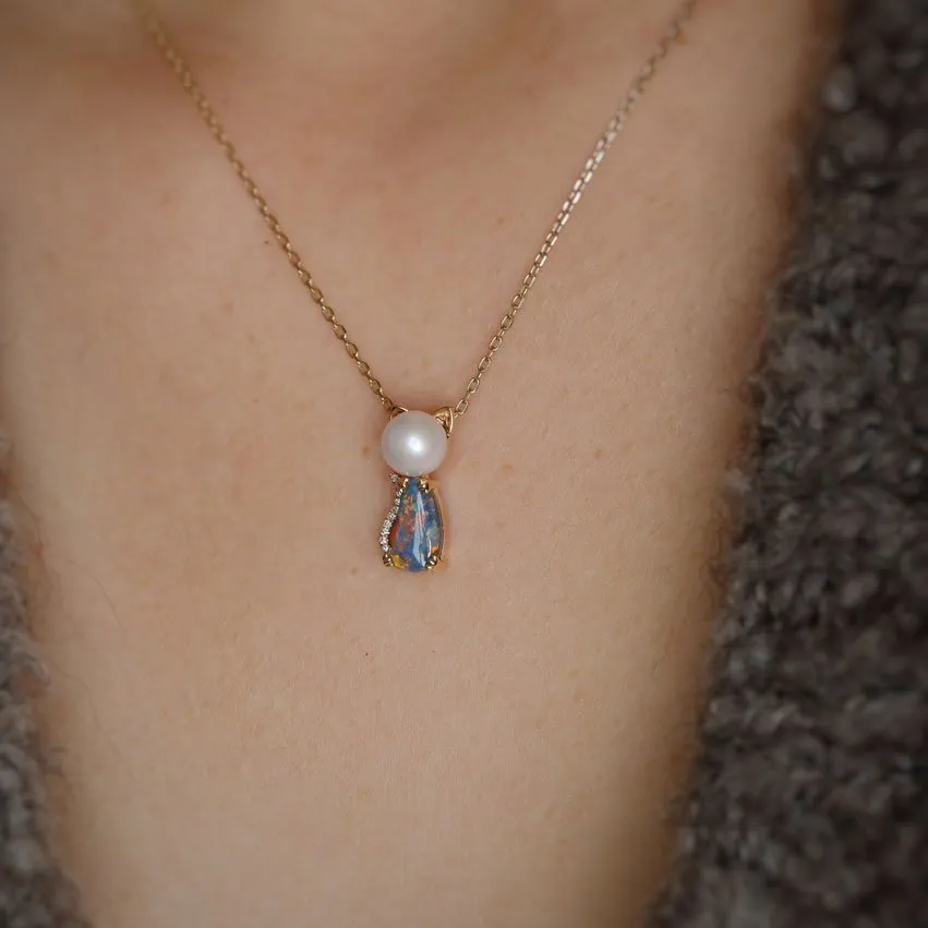 Adorable Paws Kitty Cat Black Opal Diamond & Akoya Pearl Necklace 18K Gold