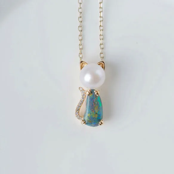 Adorable Paws Kitty Cat Black Opal Diamond & Akoya Pearl Necklace 18K Gold